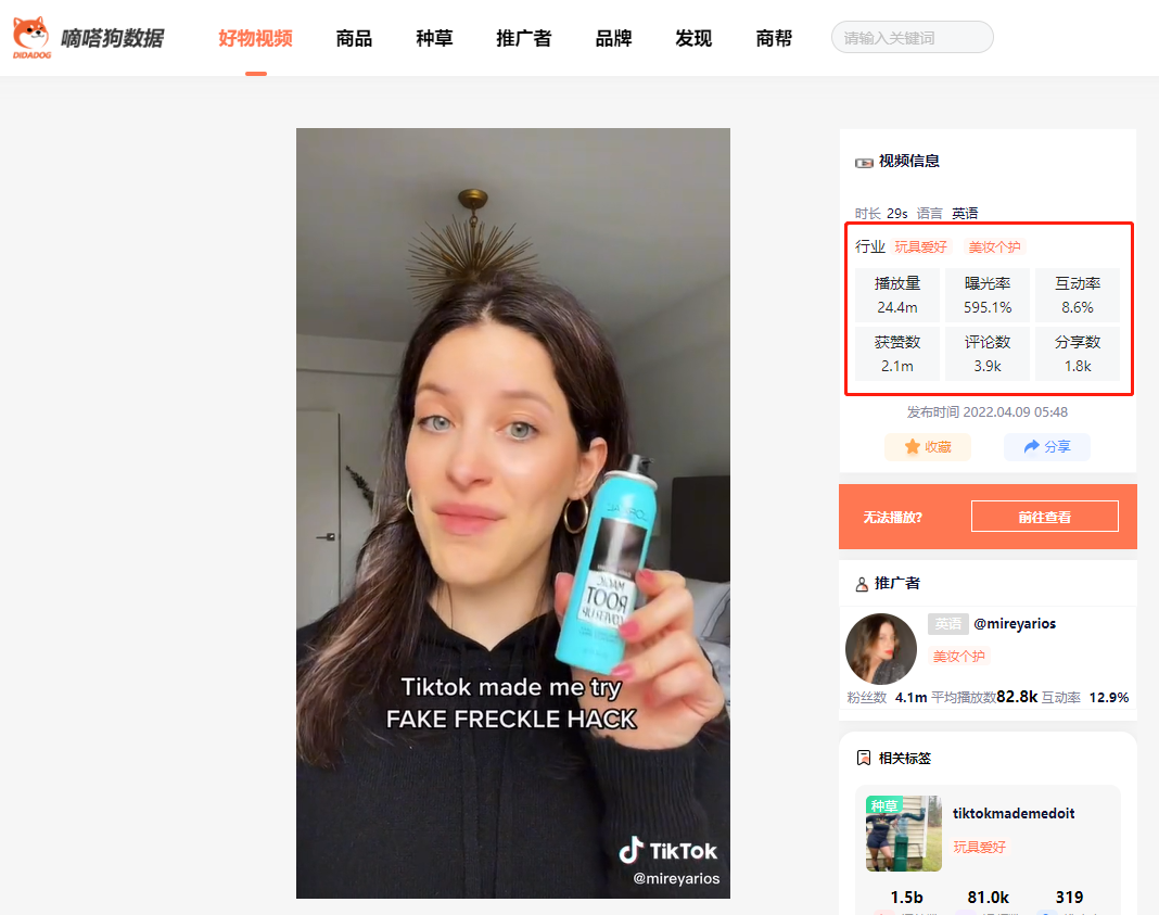“假雀斑”在tk上获2亿播放，多个相关标签播放破亿，这些产品值得一看