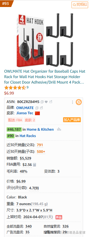 亚马逊选品-数据分析第6期 单钩壁挂棒球帽架